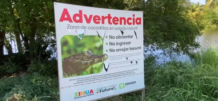 Instalan letreros de advertencia por presencia de cocodrilos en la laguna El Paraíso