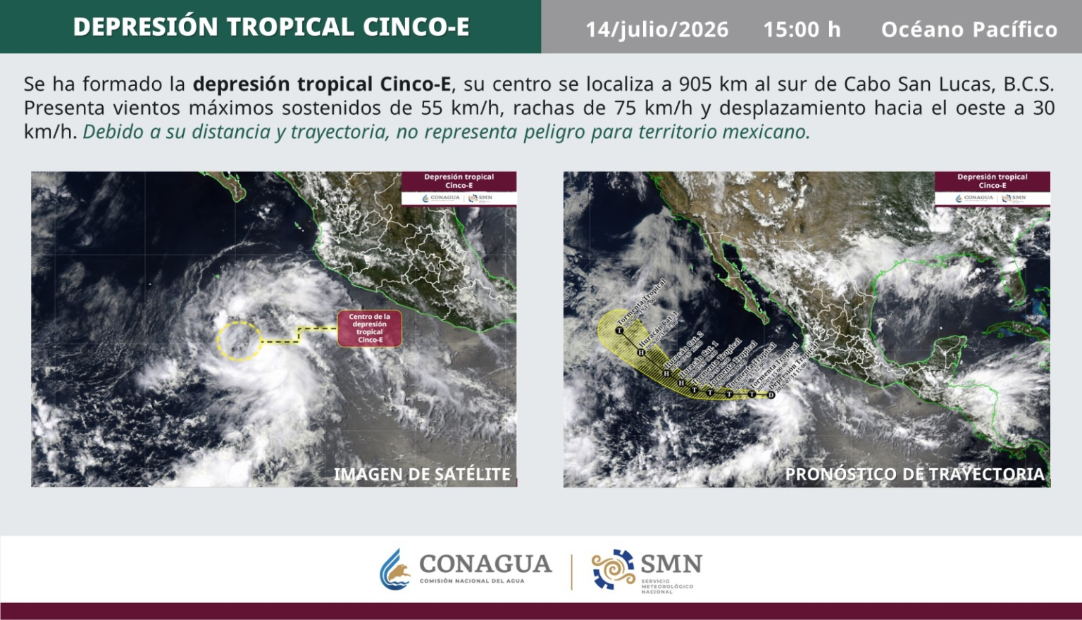 Depresión tropical Cinco-E se fortalece en el Pacífico; descartan riesgo para Guerrero